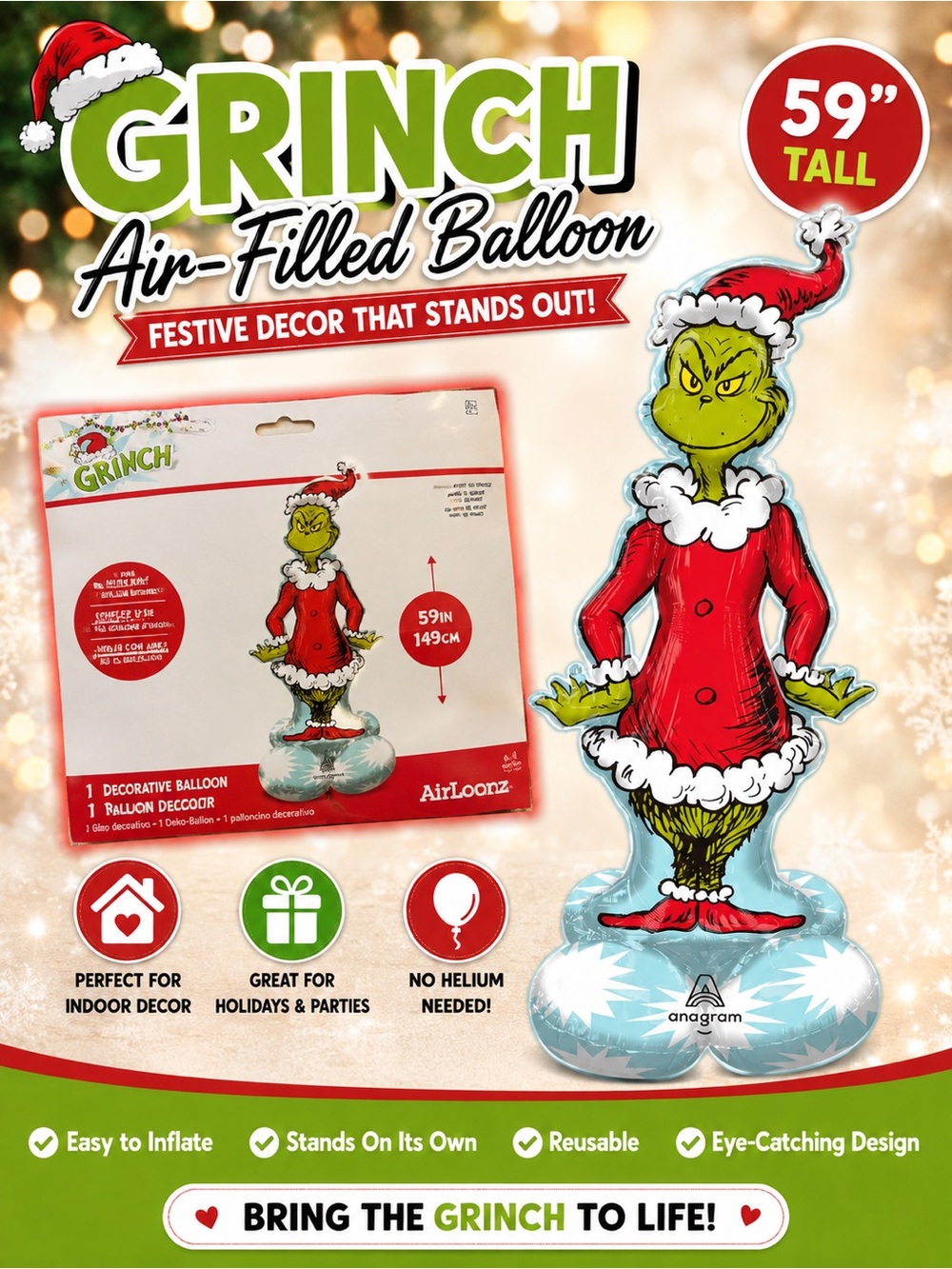 The Grinch Inflatable Holiday Balloon - Red & Green
